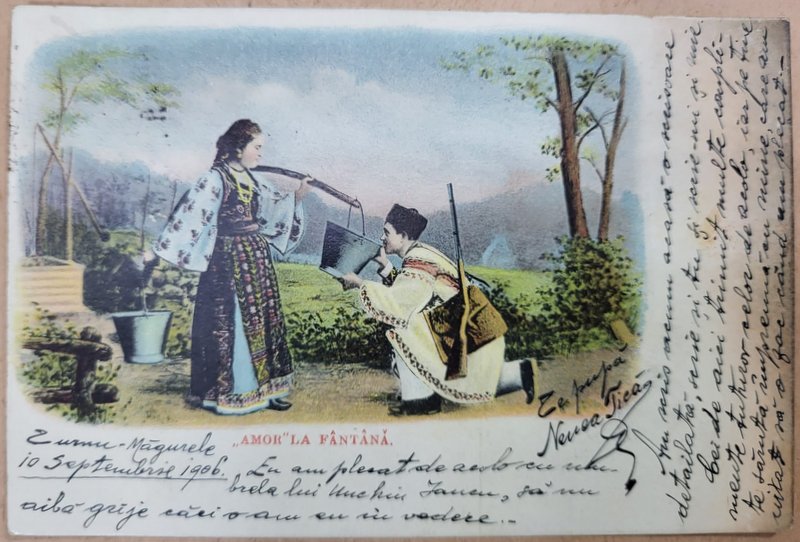 '' AMOR LA FANTANA '' , SCENA IDILICA LA TARA  , CARTE POSTALA  CLASICA