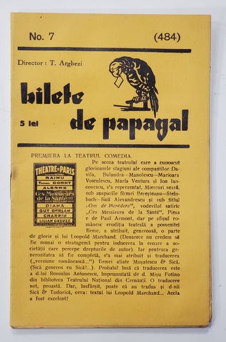 BILETE DE PAPAGAL , REVISTA , DIRECTOR TUDOR ARGHEZI , NR. 7 / 484 , ANII '37 - ' 38