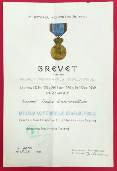 BREVET PENTRU MEDALIA CENTENARULUI REGELUI CAROL I