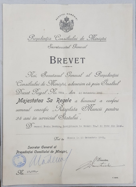 Brevet 'Rasplata Muncii pentru 25 ani in serviciul Statului', 1941