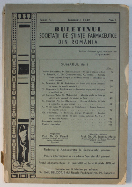BULETINUL SOCIETATII FARMACEUTICE DIN ROMANIA , ANUL V , NR. 1 , IANUARIE , 1940
