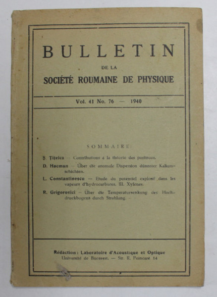 BULLETIN DE LA SOCIETE ROUMAINE DE PSHYSIQUE , VOL. 41 , NO. 76 - 1940