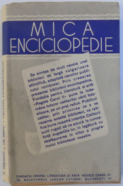 CALCULUL PROBABILITATILOR de OCTAV ONICESCU si GH. MIHOC , 1939