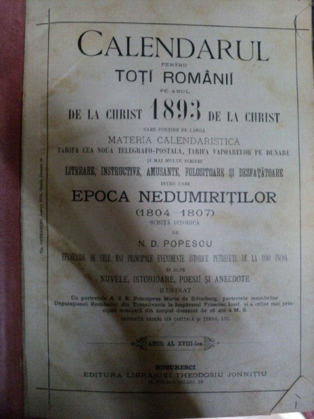 CALENDARUL PENTRU TOTI ROMANII  PE ANUL 1893- 1894