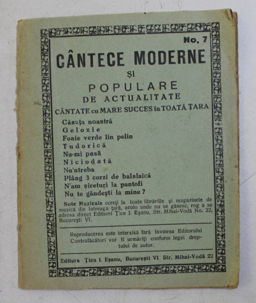 CANTECE MODERNE SI POPULARE DE ACTUALITATE , EDITIE INTERBELICA