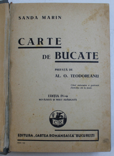 CARTE DE BUCATE de SANDA MARIN , EDITIA A IV-A , 1939