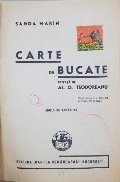 CARTE DE BUCATE, SANDA MARIN, EDITIA A XII A, 1945