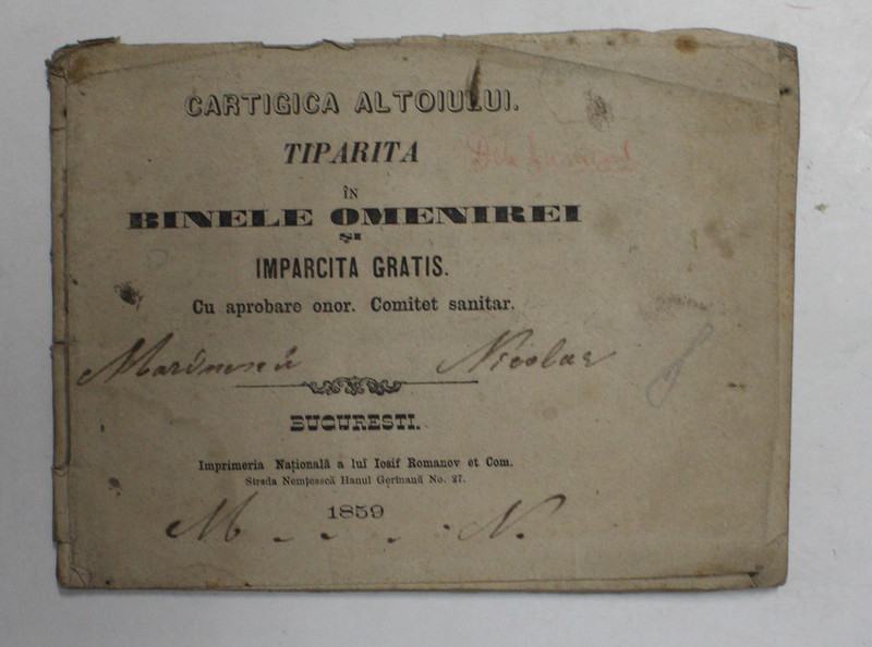 CARTIGICA ALTOIULUI TIPARITA IN BINELE OMENIREI SI IMPARCITA GRATIS , 1859 , ALFABET DE TRANZITIE