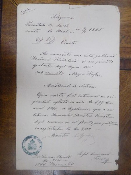 Copie intocmai cu originalul Telegrama 1866