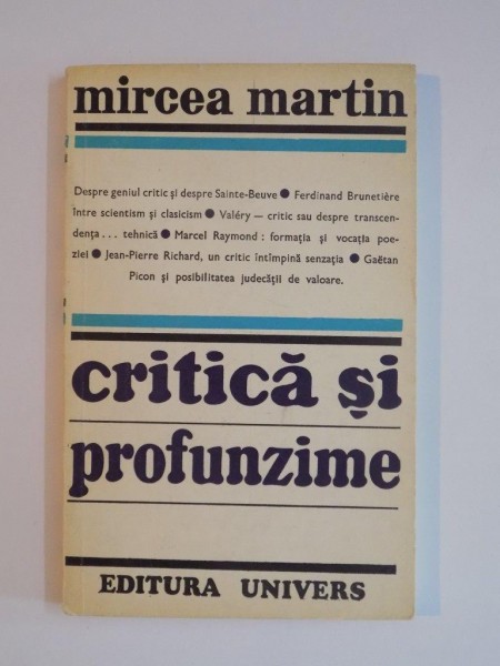 CRITICA SI PROFUNZIME de MIRCEA MARTIN , 1974