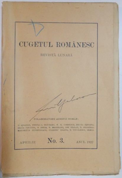 CUGETUL ROMANESC , REVISTA LUNARA , APRILIE NR.3 , 1922