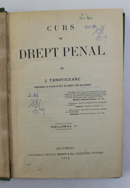 CURS DE DREPT PENAL de I. TANOVICEANU , VOLUMUL II , 1912