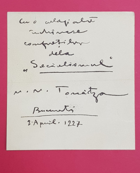 DEDICATIA PICTORULUI N. TONITZA , SCRISA SI SEMNATA OLOGRAF PE O BUCATA DE HARTIE , DATATA APRILIE 1927