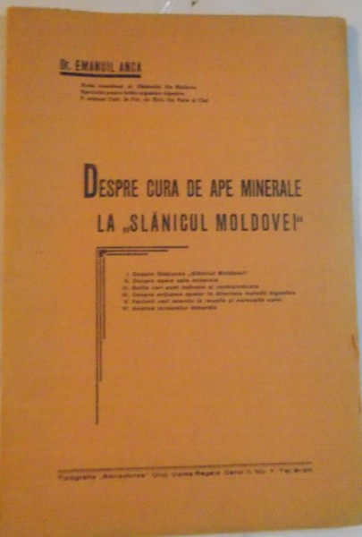 DESPRE CURA DE APE MINERALE LA SLANICUL MOLDOVEI de EMANUIL ANCA