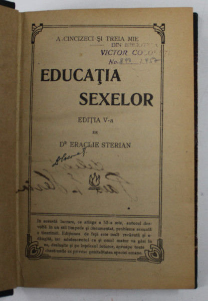 EDUCATIA SEXELOR de Dr. ERACLIE STERIAN , 1903