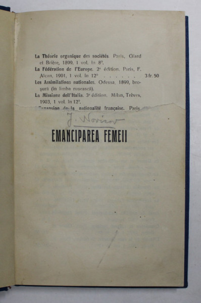 EMANCIPAREA FEMEII de J. NOVICOW , 1912