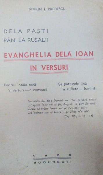 EVANGHELIA DELA IOAN IN VERSURI 1938-MARIN I.PREDESCU