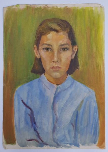 FATA CU BLUZA ALBASTRA , PICTURA DE CANTEMIR RISCUTIA , ANII '70