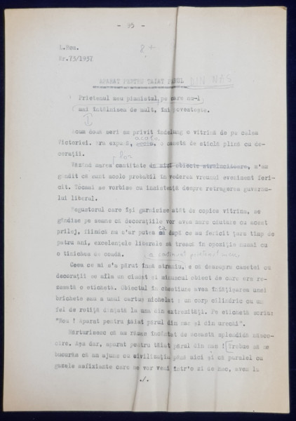 GEO BOGZA  - APARAT PENTRU TAIAT PARUL DIN NAS   - ARTICOL PENTRU ZIAR , DACTILOGRAFIAT , CU CORECTURILE,  MODIFICARILE SI ADAUGIRILE OLOGRAFE ALE AUTORULUI , 1937
