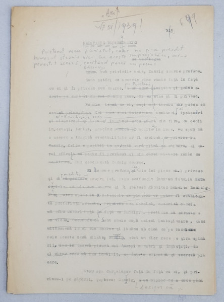 GEO BOGZA  - MEDITATIE DESPRE DANZIG  - ARTICOL PENTRU ZIAR , DACTILOGRAFIAT , CU CORECTURILE,  MODIFICARILE SI ADAUGIRILE OLOGRAFE ALE AUTORULUI , 1939