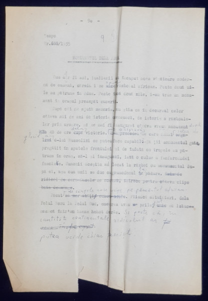 GEO BOGZA  - MONUMENTUL DE LA ADUA  - ARTICOL PENTRU ZIAR , DACTILOGRAFIAT , CU CORECTURILE,  MODIFICARILE SI ADAUGIRILE OLOGRAFE ALE AUTORULUI , 1935