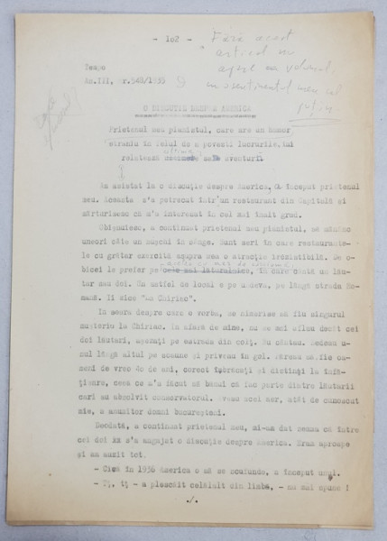 GEO BOGZA  - O DISCUTIE DESPRE AMERICA    - ARTICOL PENTRU ZIAR , DACTILOGRAFIAT , CU CORECTURILE,  MODIFICARILE SI ADAUGIRILE OLOGRAFE ALE AUTORULUI , 1935