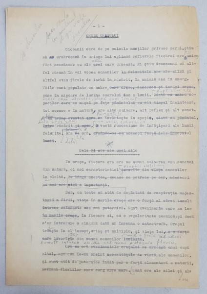 GEO BOGZA  - ORELE ORASULUI    - ARTICOL PENTRU ZIAR , DACTILOGRAFIAT , CU CORECTURILE,  MODIFICARILE SI ADAUGIRILE OLOGRAFE ALE AUTORULUI , 1937
