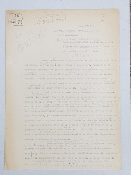 GEO BOGZA  - REPRESIUNI SANGEROASE    - ARTICOL PENTRU ZIAR , DACTILOGRAFIAT , CU CORECTURILE,  MODIFICARILE SI ADAUGIRILE OLOGRAFE ALE AUTORULUI , 1935