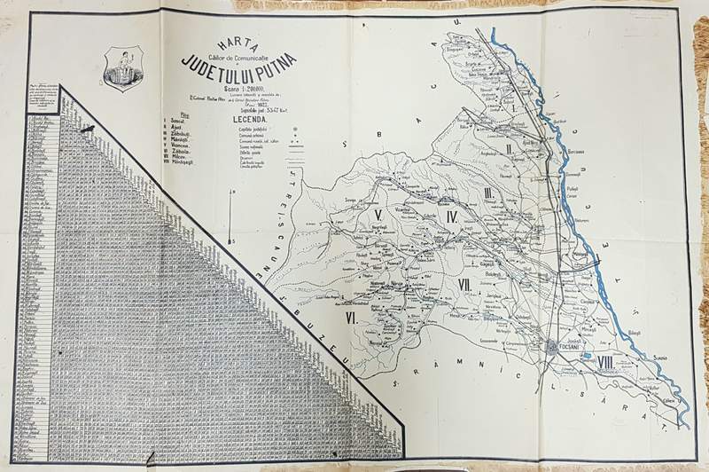 HARTA CAILOR DE COMUNICATIE A JUDETULUI PUTNA , SCARA 1 / 200.000 ,  intocmita de COLONEL PASTIA ALEX . , POLICROMA , 1927
