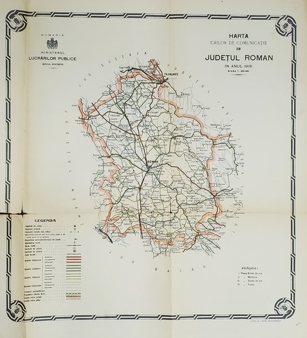 HARTA CAILOR DE COMUNICATIE DIN JUDETUL ROMAN  , CROMOLITOGRAFIE ,   SCARA 1 : 200.000, 1927