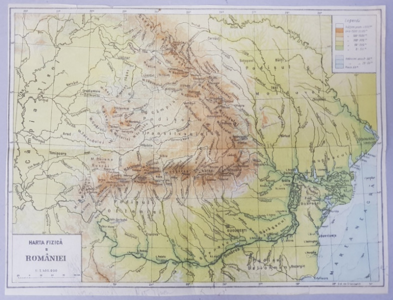 HARTA FIZICA A ROMANIEI  MARI , SCARA 1 / 2.400.000, PERIOADA INTERBELICA