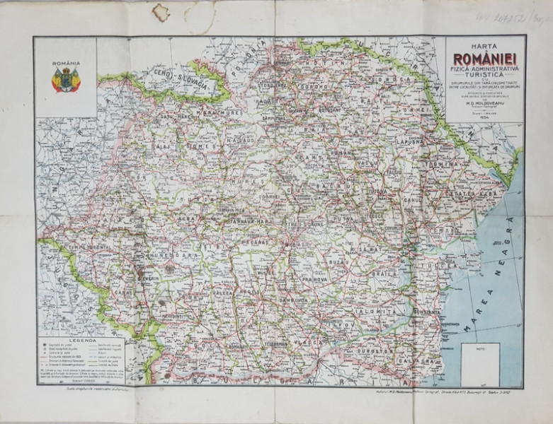 HARTA ROMANIEI  - FIZICA ,  ADMINISTRATIVA , TURISTICA CU DRUMURILE DIN TARA , SCARA 1 / 1.500.000  intocmita  de M.D. MOLDOVEANU , 1934