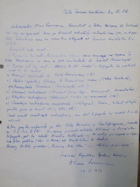 HORIA LOVINESCU FILA MANUSCRIS, 1953