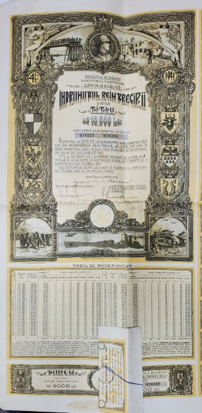 IMPRUMUTUL REINTREGIRII DIN 1941 - TITLU DE 10.000 LEI , DESENAT DE PICTORUL GH. CHIROVICI