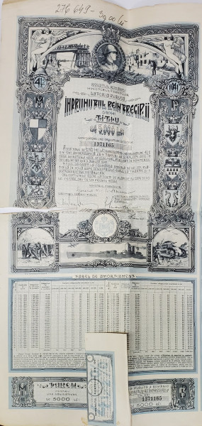 IMPRUMUTUL REINTREGIRII DIN 1941 - TITLU DE 5.000 LEI , DESENAT DE PICTORUL GH. CHIROVICI