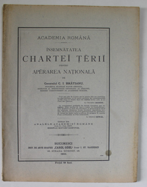 INSEMNATATEA  CHARTEI TERII PENTRU APERAREA NATIONALA de GENERALUL C.I. BRATIANU , 1902