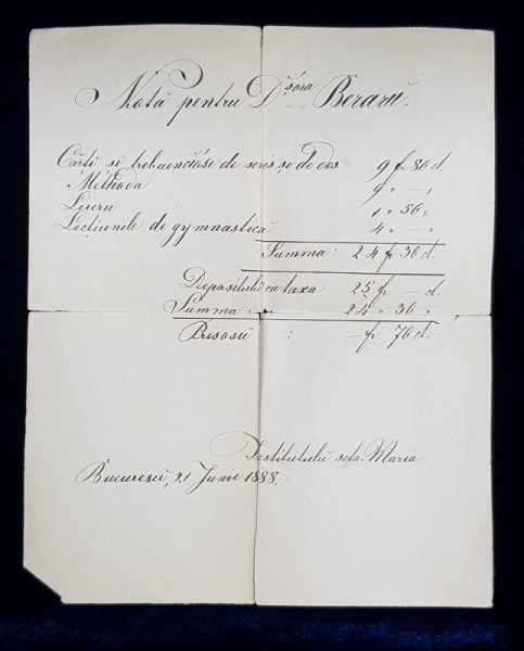 INSTITUTUL SFANTA MARIA  - NOTA PENTRU ACHITAREA CHELTUIELILOR SCOLARE , DATA 21 IUNIE 1888