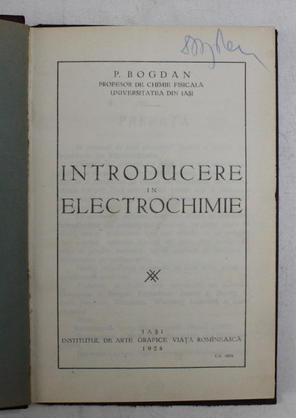 INTRODUCERE IN ELECTROCHINIE de P. BOGDAN , 1928