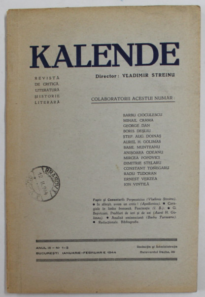 KALENDE , REVISTA DE CRITICA , LITERATURA SI ISTORIE LITERARA , ANUL III , NR. 1-2  - IANUARIE - FEBRUARIE ,  1944