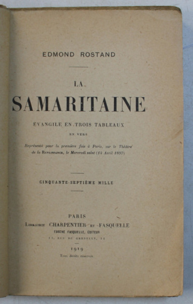 LA SAMARITAINE  - EVANGILE EN TROIS TABLEAUX EN VERS par EDMOND  ROSTAND , 1919