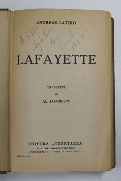 LAFAYETTE de ANDREAS LATZKO , 1939, PREZINTA INSEMNARI CU CREIONUL *