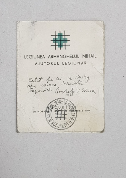 LEGIUNEA ARHANGHELUL MIHAIL  - AJUTORUL LEGIONAR , CARNETEL CU TIMBRU IN INTERIOR  , 30 NOIEMBRIE 1940