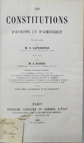 LES CONSTITUTIONS D'EUROPE ET D'AMERIQUE par M.E. LAFERRIERE, M.A. BATBIE, PARIS  1869