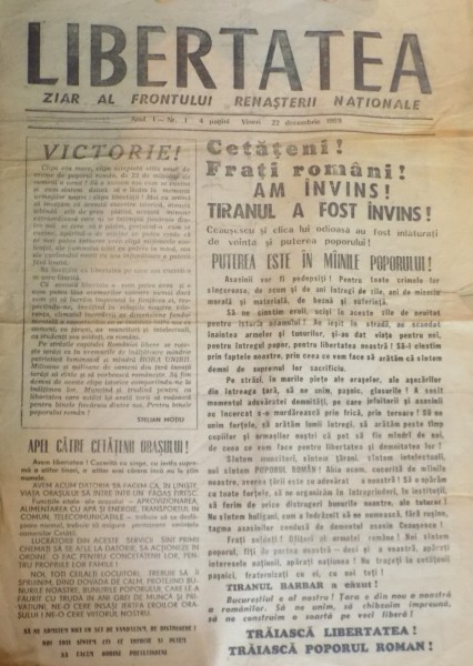 LIBERTATEA. ZIAR AL FRONTULUI RENASTERII NATIONALE. ANUL I, NR.1, 22 DECEMBRIE 1989