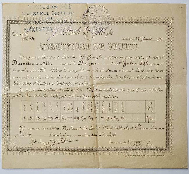 LICEUL 'SF. GHEORGHE ' , CERTIFICAT DE STUDII , 1888, SEMNAT OLOGRAF DE STEFAN HEPITES *