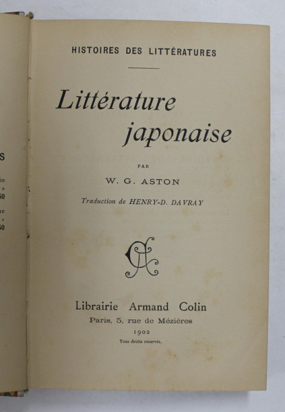 LITTERATURE JAPONAISE par W.G. ASTON , 1902