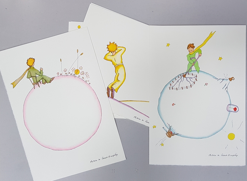 LOT DE NOUA CROMOLITOGRAFII  DUPA ACUARELE ORIGINALE de ANTOINE DE SAINT -  EXUPERY , ILUSTRATII LA CARTEA  ' MICUL PRINT ',  SEMNATE IN PLACA  , OCTOMBRIE , 2010