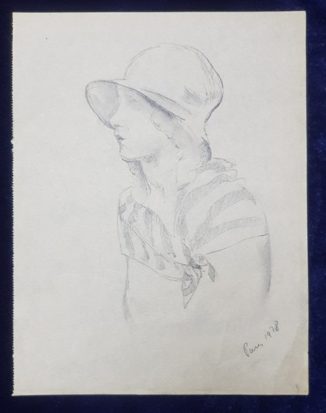 LUCRETIA  MIHAIL SILION ,  TANARA  CU PALARIE SI ESARFA , DESEN   , PARIS , 1928