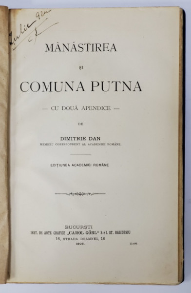 Manastirea si comuna Putna de Dimitrie Dan - Bucuresti, 1905