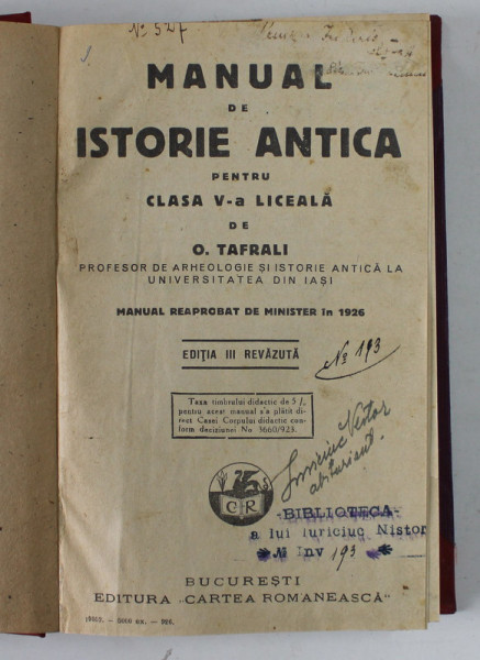 MANUAL DE ISTORIE ANTICA PENTRU CLASA V -A LICEALA de O. TAFRALI , 1926